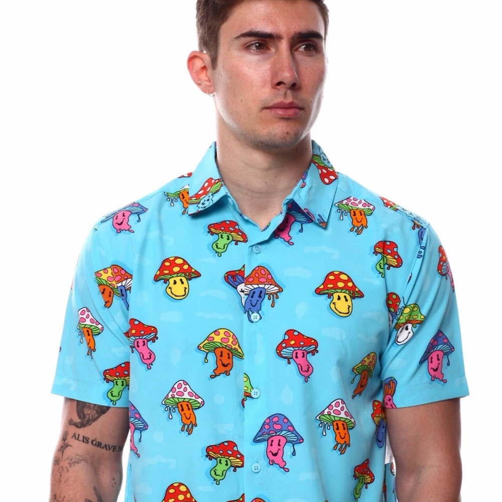 fresh prince of bel air. Aqua Button-Down Shirt with Colorful Mushroom Print